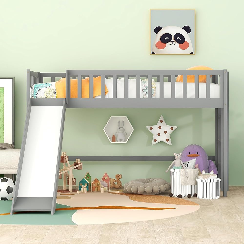 Bellemave Twin Size Loft Bed for Kids,Low Loft Bed with Slide and Ladder,Wood Loft Bed Twin for Girls Boys,Grey : Home & Kitchen