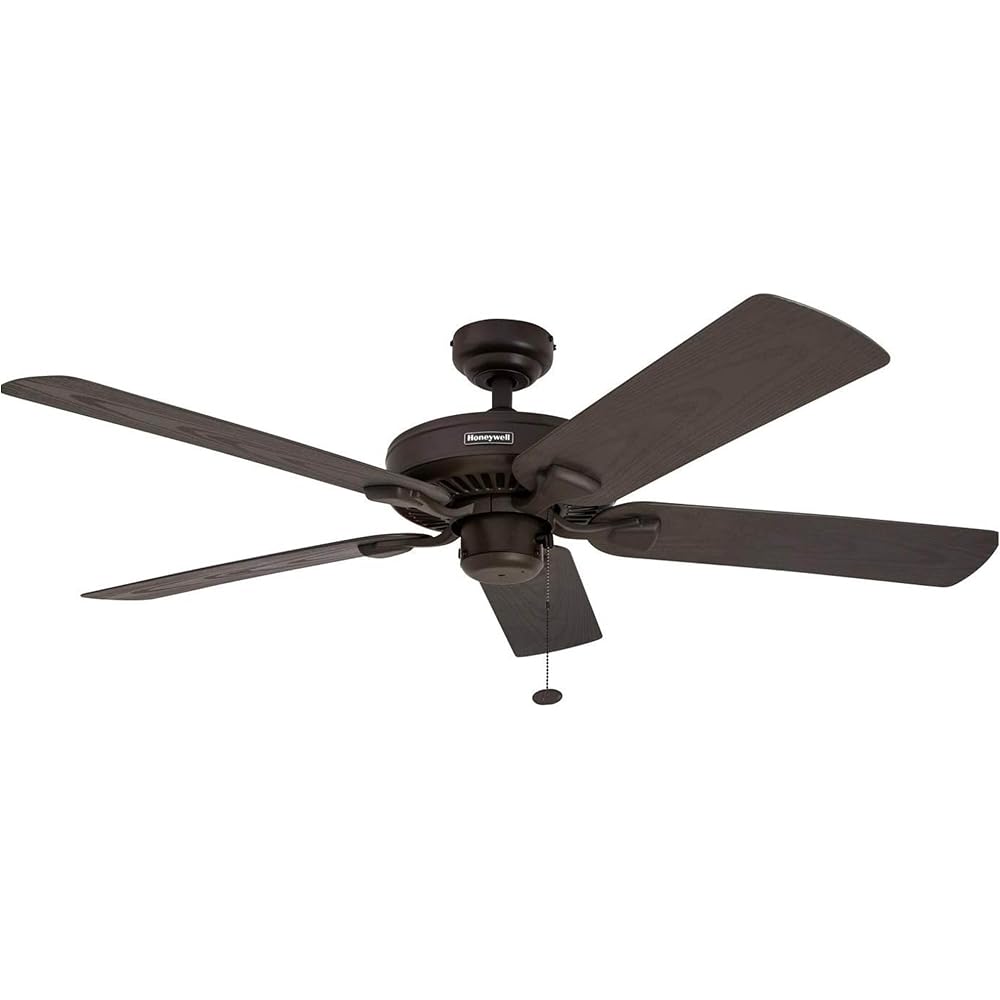 Honeywell Ceiling Fans Belmar 52 Inch Ceiling Fan Without Light, Outdoor Ceiling Fan with Pull Chain, Tri-Mount Traditional 5 Blade Design, ETL Wet Rated, Bronze (50199-01) -