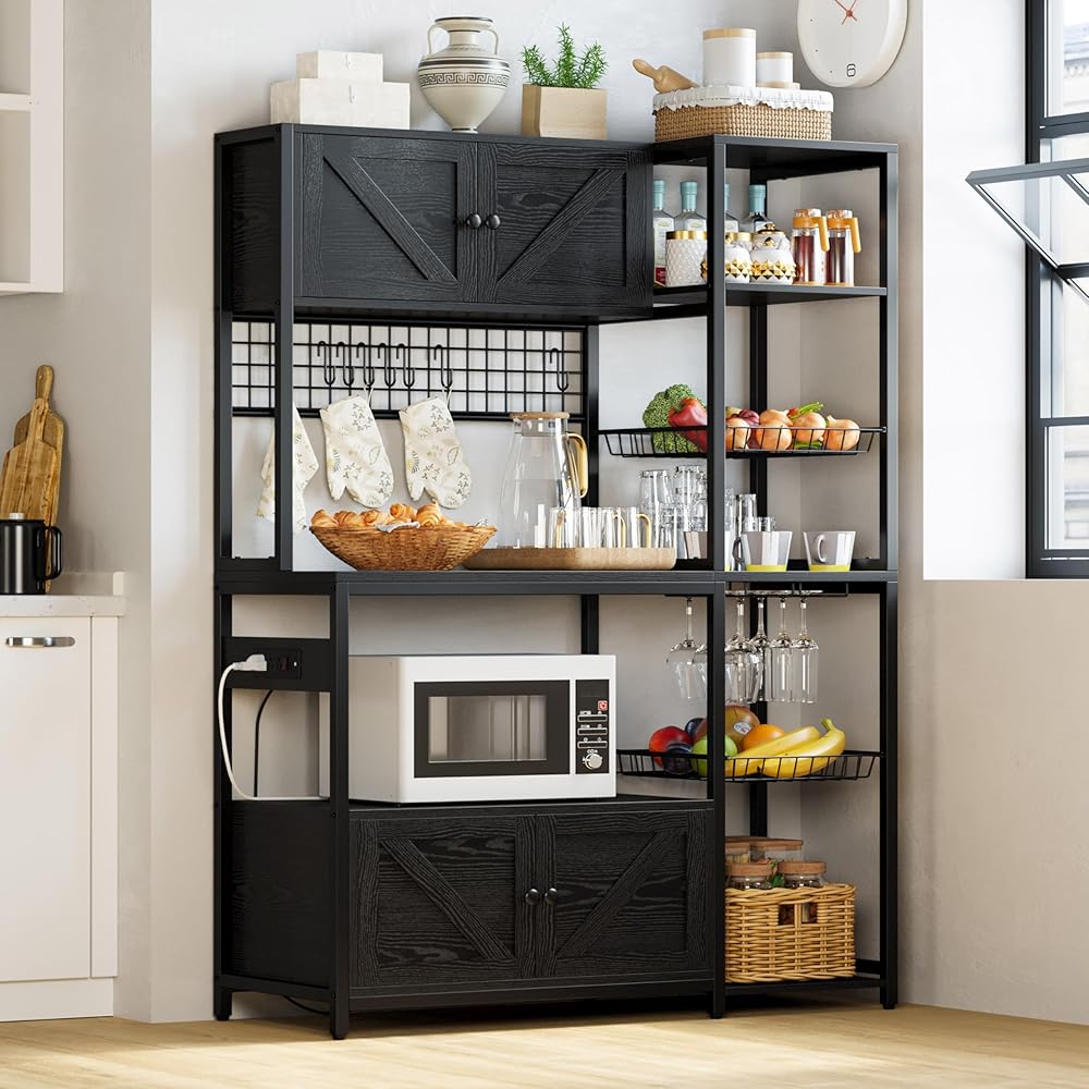 - IRONCK Bakers Rack with 2 Storage Cabinets and Power Outlet, 45.3 Inch Industrial Coffee Bar Cabinet Shelves, Kitchen Microwave Stand with Storage, Vintage Black - Standing Baker's Racks