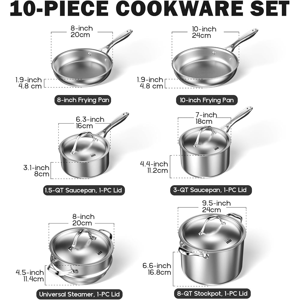 Cooks Standard Stainless Steel Kitchen Cookware Sets 10-Piece, Multi-Ply Full Clad Pots and Pans Cooking Set with Stay-Cool Handles, Dishwasher Safe, Oven Safe 500°F, Silver: Home & Kitchen