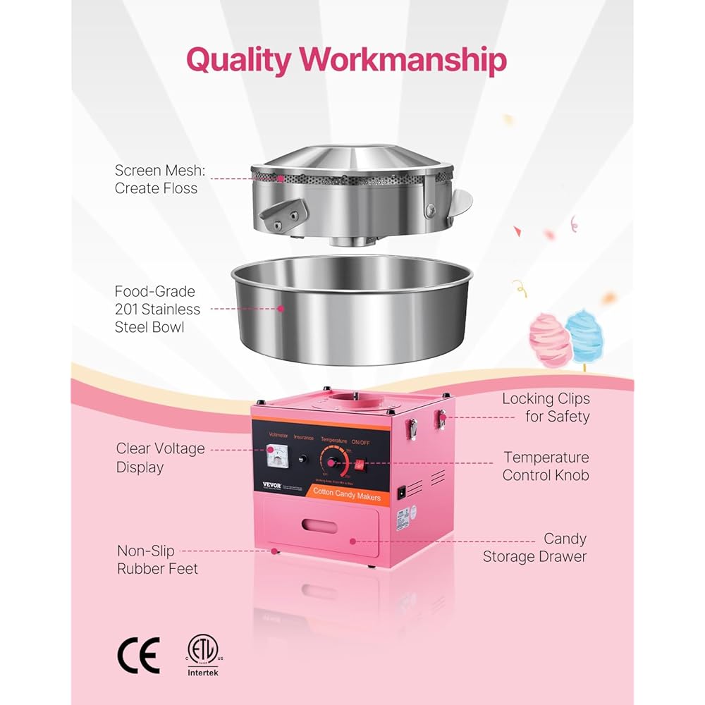 VEVOR Electric Cotton Candy Machine, 1000W Commercial Floss Maker w/Stainless Steel Bowl, Sugar Scoop and Drawer, Perfect for Home, Carnival, Kids Birthday, Family Party, Pink : Everything Else