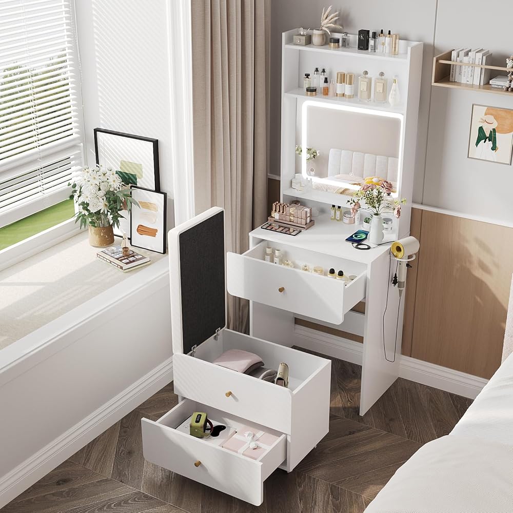 Vabches Make Up Vanity Desk with Mirror and Lights, White Vanity Table Set with Charger Station,Girls Small Vanity and Storage Chair : Home & Kitchen