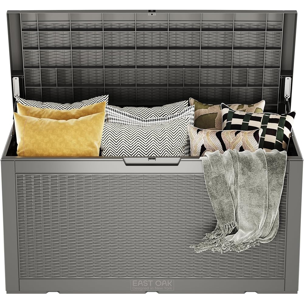 : EAST OAK Outdoor Storage Box, 100 Gallon Deck Box, Waterproof Resin Storage Bench for Patio Cushions, Gardening Tools, Pool Accessories, Lockable, UV Resistant, Grey : Patio, Lawn & Garden