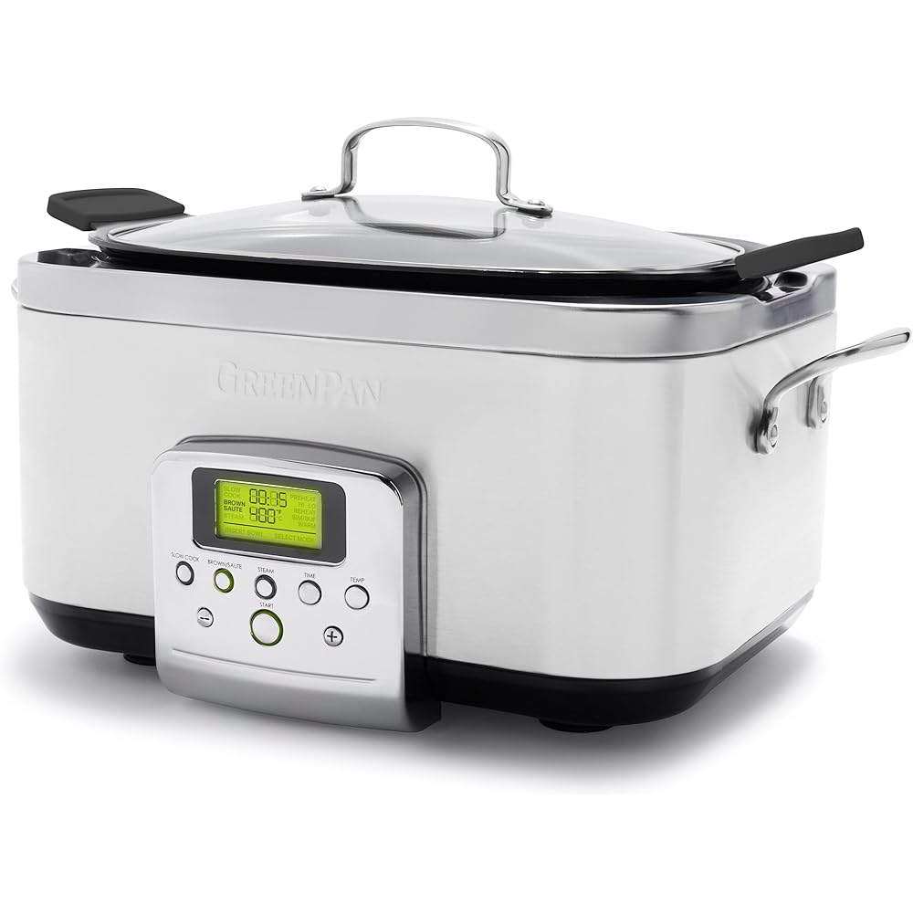 GreenPan Elite 8-in-1 Programmable 6QT Electric Slow Cooker, Dishwasher Safe Lid & Removable Crock, PFAS-Free Healthy Ceramic Nonstick Multi-Cooker, Sear, Sauté, Brown, Steam Basket, Roast, White: Home & Kitchen