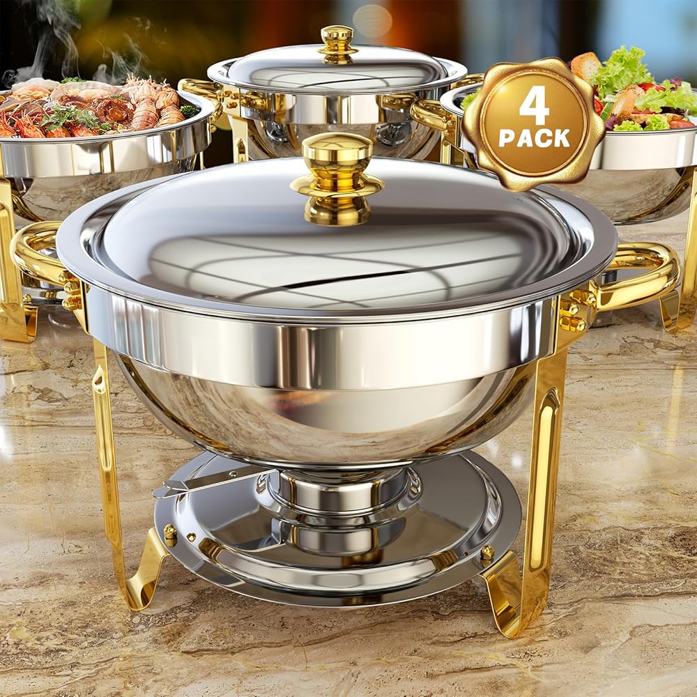 Chafing Dishes for Buffet 4 Pack, 5QT Round Chafing Dish Buffet Set [Elegant Gold and Silver Colors] Stainless Steel Buffet Food Warmers Sets for Catering Events Parties Dinners with Complete Set: Home & Kitchen
