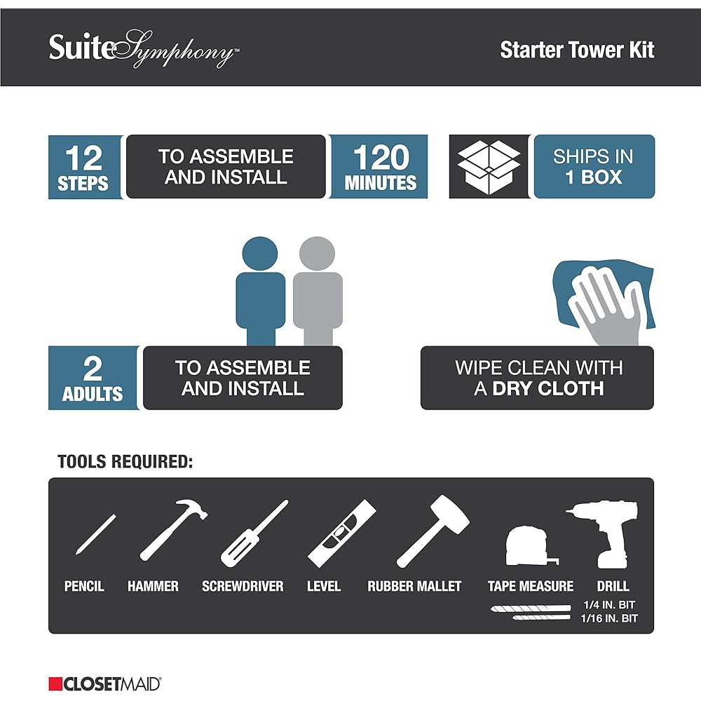 ClosetMaid SuiteSymphony Wood Closet Organizer Starter Kit Tower and 3 Hang Rods, Shelves, Adjustable, Fits Spaces 5 – 10 ft. Wide, Pure White, 25