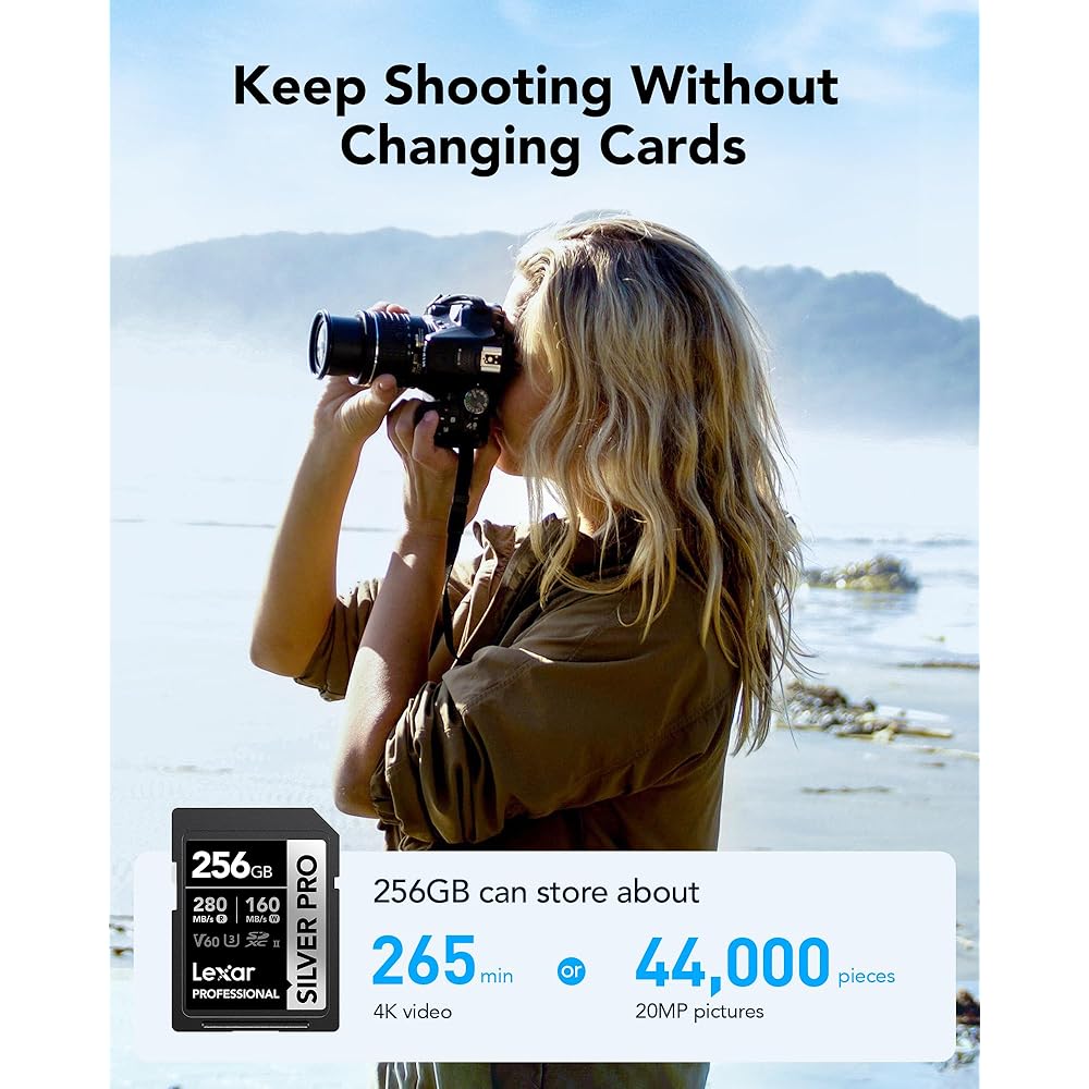 Lexar 256GB (2-PK) Professional SILVER PRO SD Card, UHS-II, C10, U3, V60, Full HD, 4K, Up To 280MB/s Read SDXC Memory Card, for Professional Photographer, Videographer, Enthusiast (LSDSIPR256G-B2NNU) : Health & Household