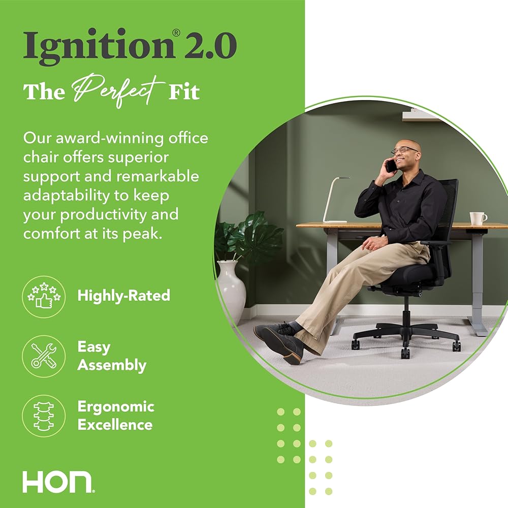HON Ignition 2.0 Ergonomic Office Chair, Adjustable Tilt, Swivel Wheels, Comfy for Long Hours, Home Office Desk Chairs, Black