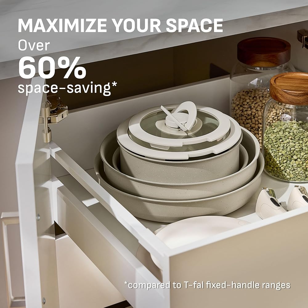 T-fal Ingenio Essentials Cookware Set with Detachable/Removable Handle 11 Piece, Granite Titanium Non Stick, Oven Broiler Safe 500F, Stackable, Pots and Pans Set, Frying Pans, Dishwasher Safe, Beige