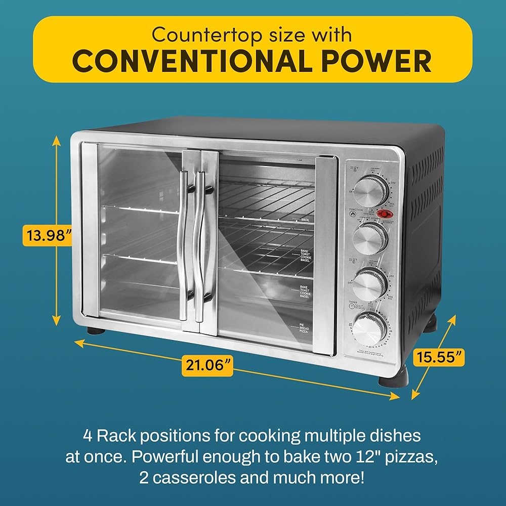 Elite Gourmet ETO-4510M French Door 47.5Qt, 18-Slice Convection Oven 4-Control Knobs, Bake Broil Toast Rotisserie Keep Warm, Includes 2 x 12
