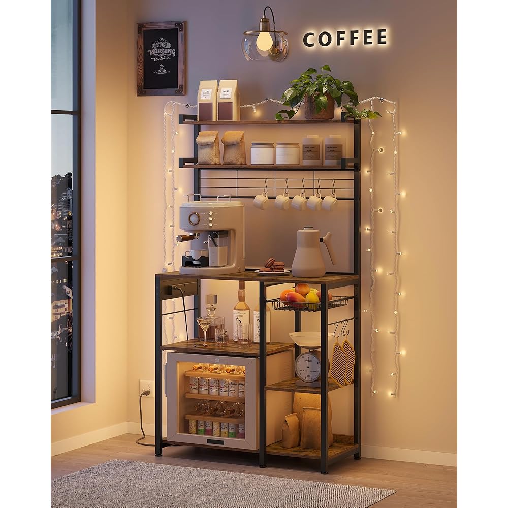 - VASAGLE Bakers Rack with Power Outlet, 35.4 Inches Microwave Stand, Coffee Bar, 4 AC Outlets, with Adjustable Shelves, 8 S-Hooks, Basket, Spice Racks, Rustic Brown and Ink Black UKKS031K01 - Standing Baker's Racks