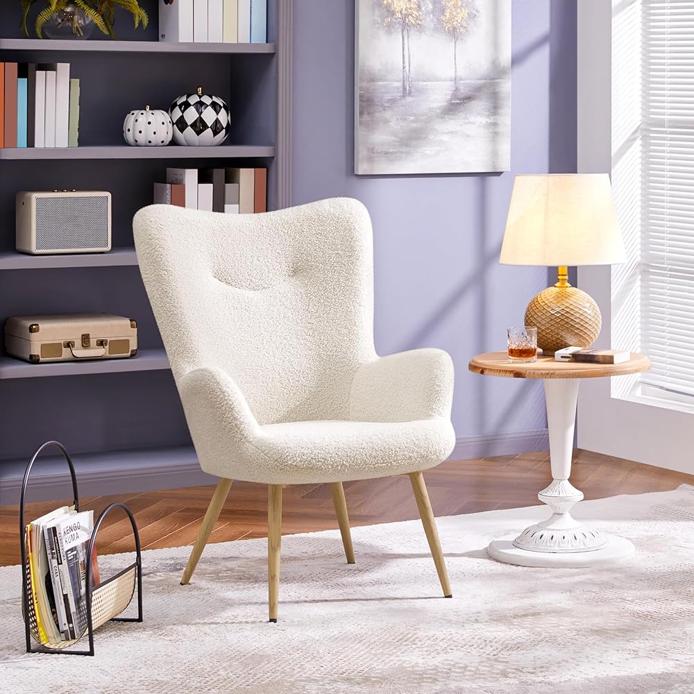 Yaheetech Accent Chair, Modern Boucle Vanity Chair with High Back and Wood-Tone Metal Legs, Sherpa Chair for Living Room, Home Office, Ivory : Home & Kitchen