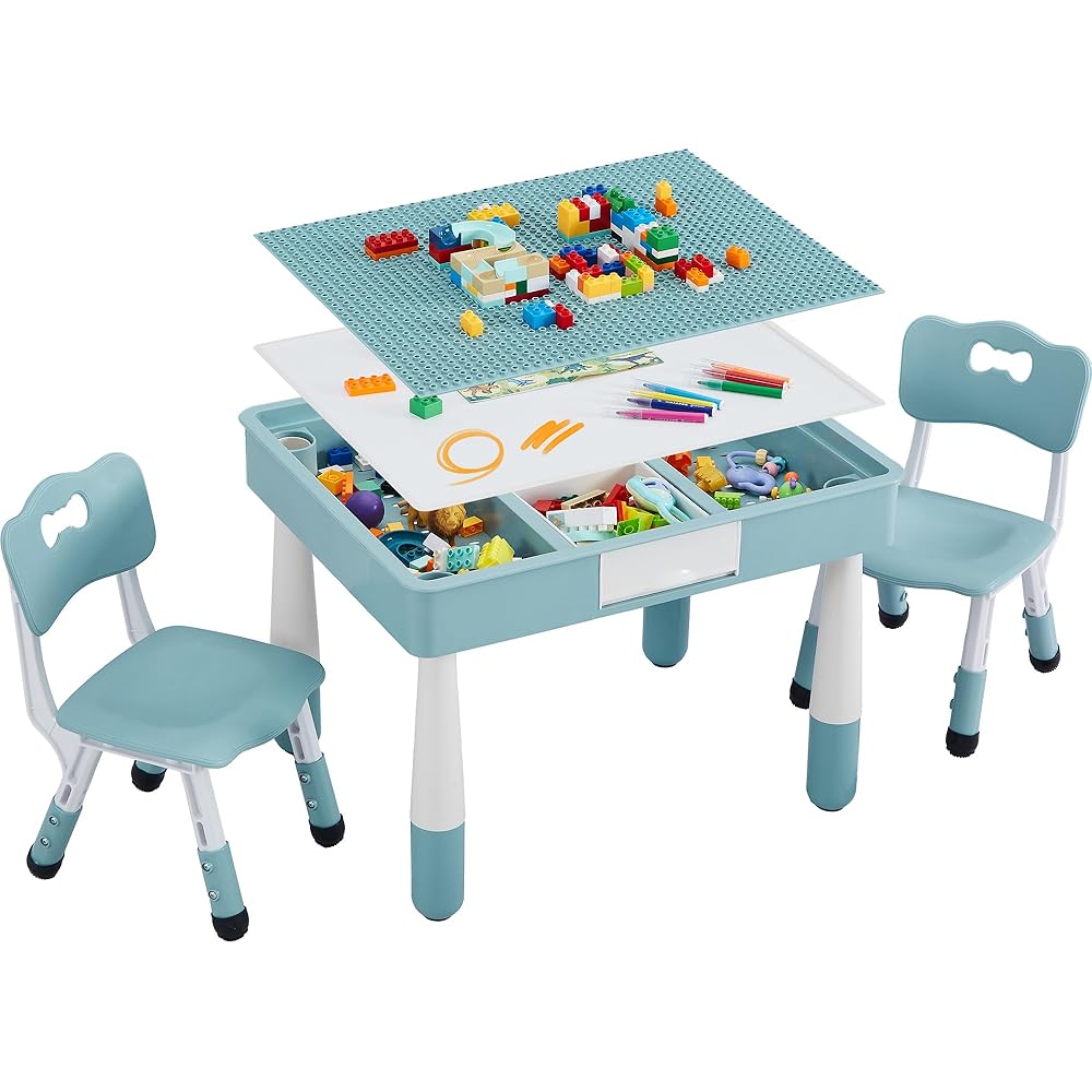 4 in 1 Kids Table and 2 Chairs Set, Toddler Table and Chair Set for Kids Ages 3-10, Activity Tables for Building Blocks/Drawing/Reading/Dining锛孏ift for Boy & Girl (Grayish Blue) : Home & Kitchen