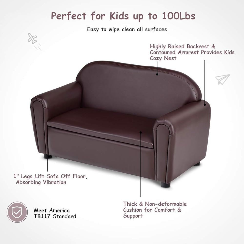Costzon Kids Couch, 2 in 1 Double Seat Children's Sofa w/Under Seat Storage, PU Leather Surface, Toddler Armrest Chair, Kids Room, Soft Sofa with Storage for Preschool Baby Boys Girls Gifts : Home & Kitchen