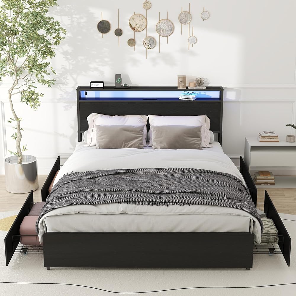 Zevemomo Queen Bed Frame with 4 Storage Drawers, Queen Size Bed Frame with Headboard, LED, Charging Station with USB Ports & AC Outlets, Sturdy Metal Slat Support, No Noise, Black : Home & Kitchen