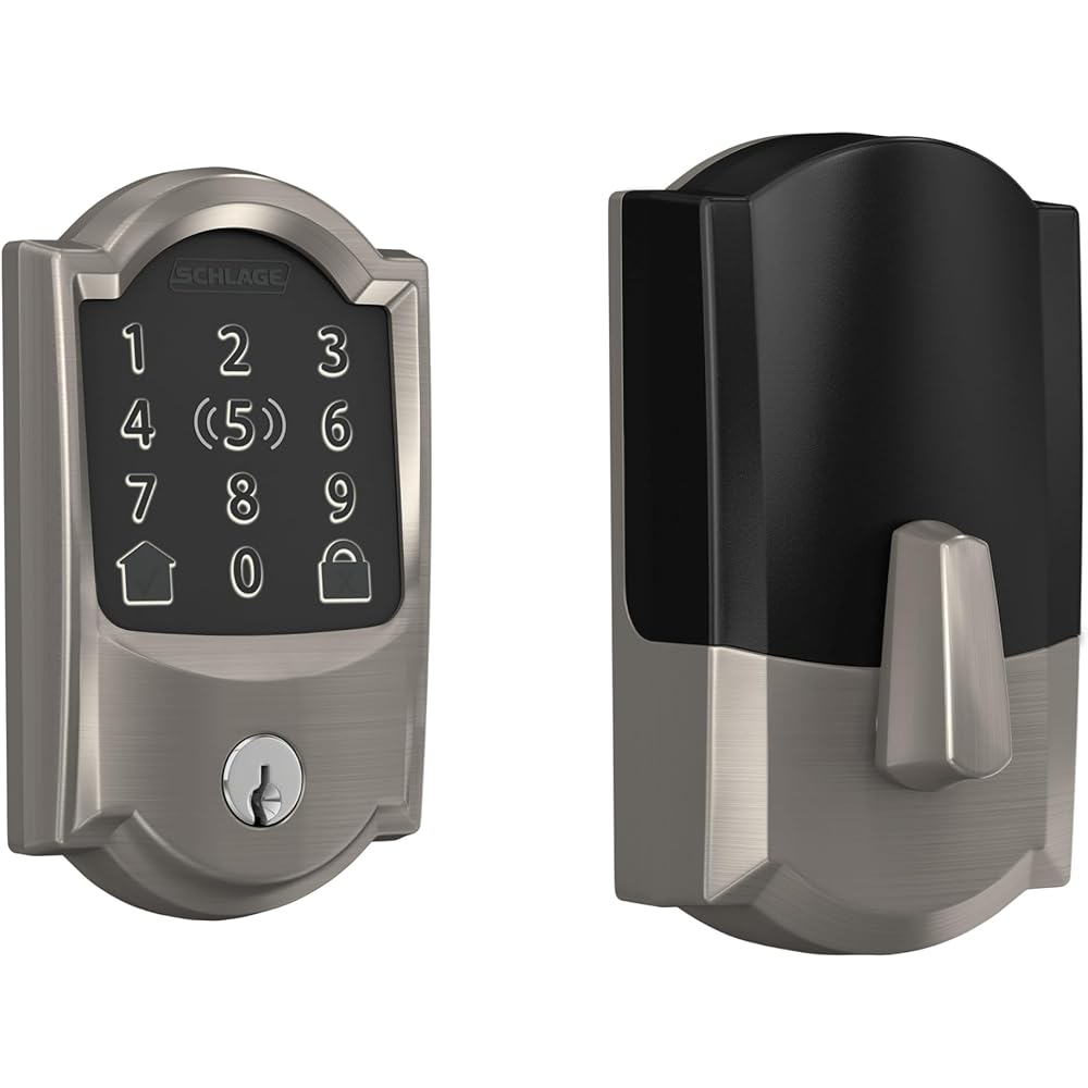 Schlage BE499WB CAM 619 Encode Plus WiFi Deadbolt Smart Lock, Keyless Entry Touchscreen Door Lock with Camelot Trim, Satin Nickel -