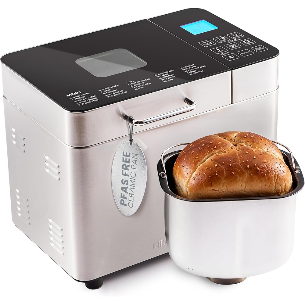 Elite Gourmet EBM8224MM Programmable 2 Lb. Bread Maker, PFAS free Ceralast™ Ceramic Pan, Touch Screen Control Panel, 19-Functions, Gluten Free, White, Wheat, Rye & more, 3 Loaf Sizes, Stainless Steel: Home & Kitchen