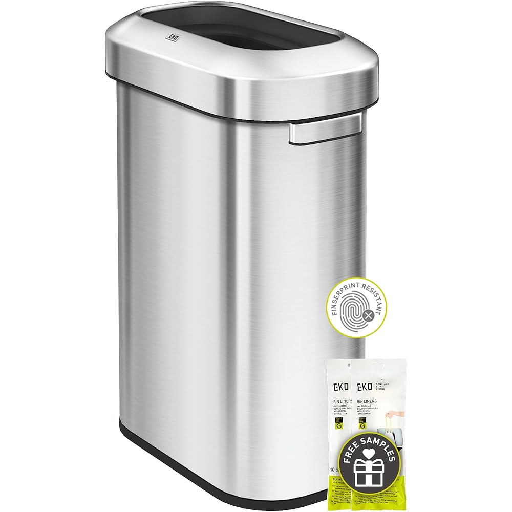 EKO Urban 24 Gallon/ 90 Liter Open Top Stainless Steel Slim Commercial Trash Can, Tall Kitchen Garbage Bin, Heavy-Duty Commercial Grade Large Trash Can for Home, Office, Hotel, Cafe, Restaurant, Dorm