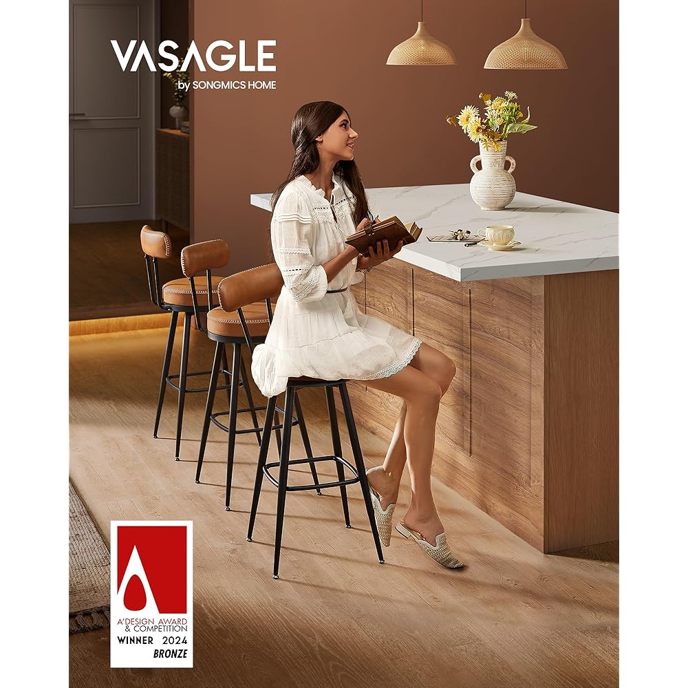 VASAGLE EKHO Collection - Bar Stools Set of 2, Swivel Bar Height Bar Stools with Back, Synthetic Leather with Stitching, Mid-Century Modern, 30-Inch Tall Barstools for Kitchen Home Bar, Caramel Brown : Home & Kitchen