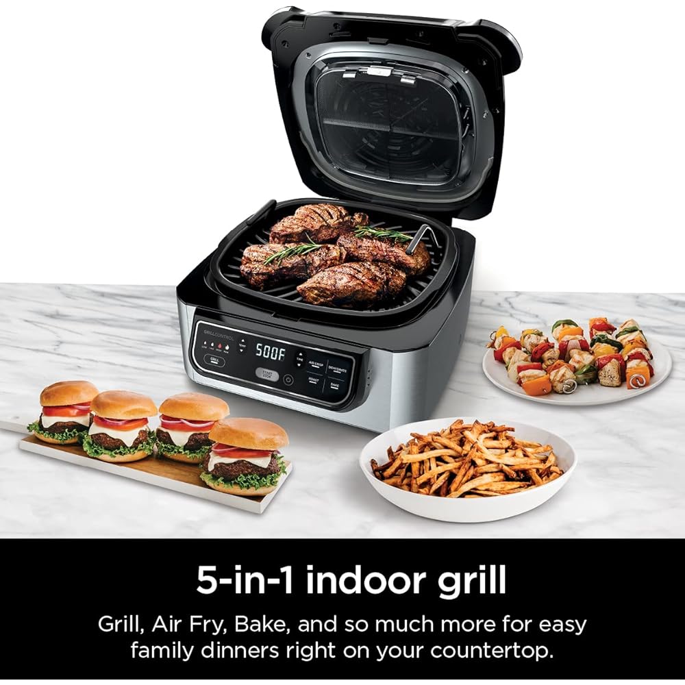 Ninja | Indoor Grill | Foodi | 5-in-1 (Grill, Air Fry, Roast, Bake, and Dehydrate | Fits up to 3lb Roast | Smoke Control System and Dishwasher Safe Parts| Black/Grey | AG301