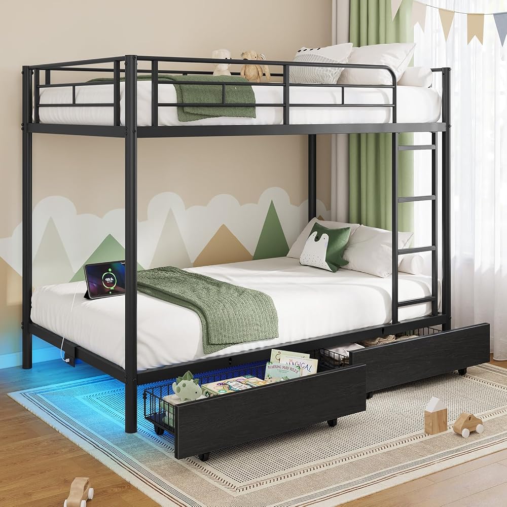 Rolanstar Metal Bunk Bed Twin Over Twin with USB Charging Station, LED Bunk Bed with 2 Storage Drawers, Bed with Safety Guardrail & Ladders, No Box Spring Needed, Easy Assembly, Black : Home & Kitchen