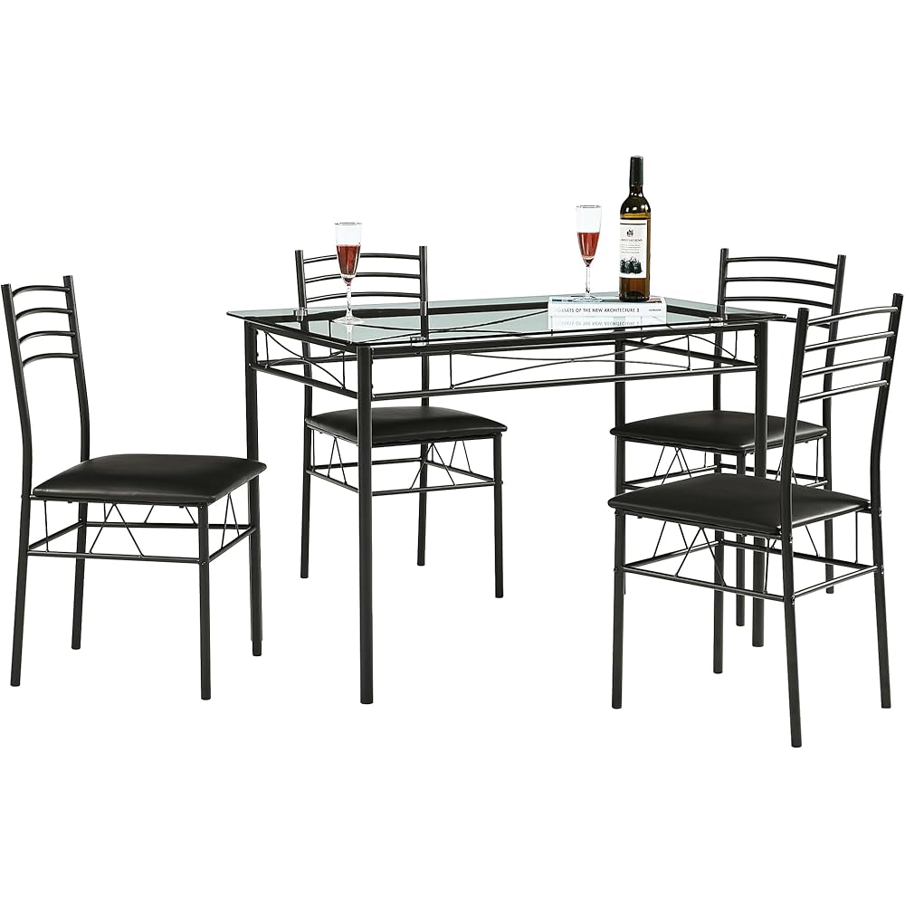 - VECELO Kitchen Dining Table and Chairs Set for 4, Padded Seat & Glasses Tabletop, Space Saving, Matte Black - Table & Chair Sets
