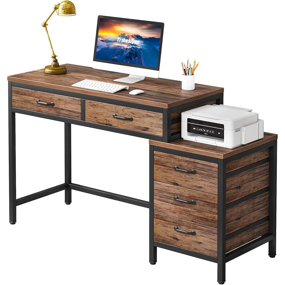 Tribesigns Computer Desk with 5 Drawers, Home Office Desks with Reversible Drawer Cabinet Printer Stand, Industrial PC Desk with Storage, Rustic Study Writing Table Workstation for Small Spaces : Home & Kitchen