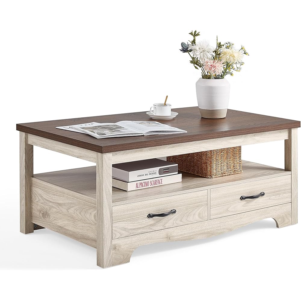 LINSY HOME Farmhouse Coffee Table with Storage, Wood Coffee Table for Living Room, Open Display Area and Storage Drawers with Metal Handles, Chic Style with Curved Base. Oak and Brown : Home & Kitchen