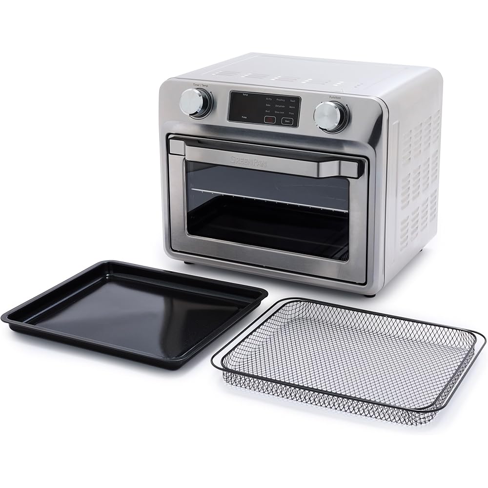 GreenPan Bistro Stainless Steel 9-in-1 Air Fry Oven, Nonstick Baking Pan, Stainless Steel Rack, and Basket, Fast Heating, Multifunction Presets, Cool-Touch Handle, PFAS-Free, Easy Cleanup Crumb Tray: Home & Kitchen