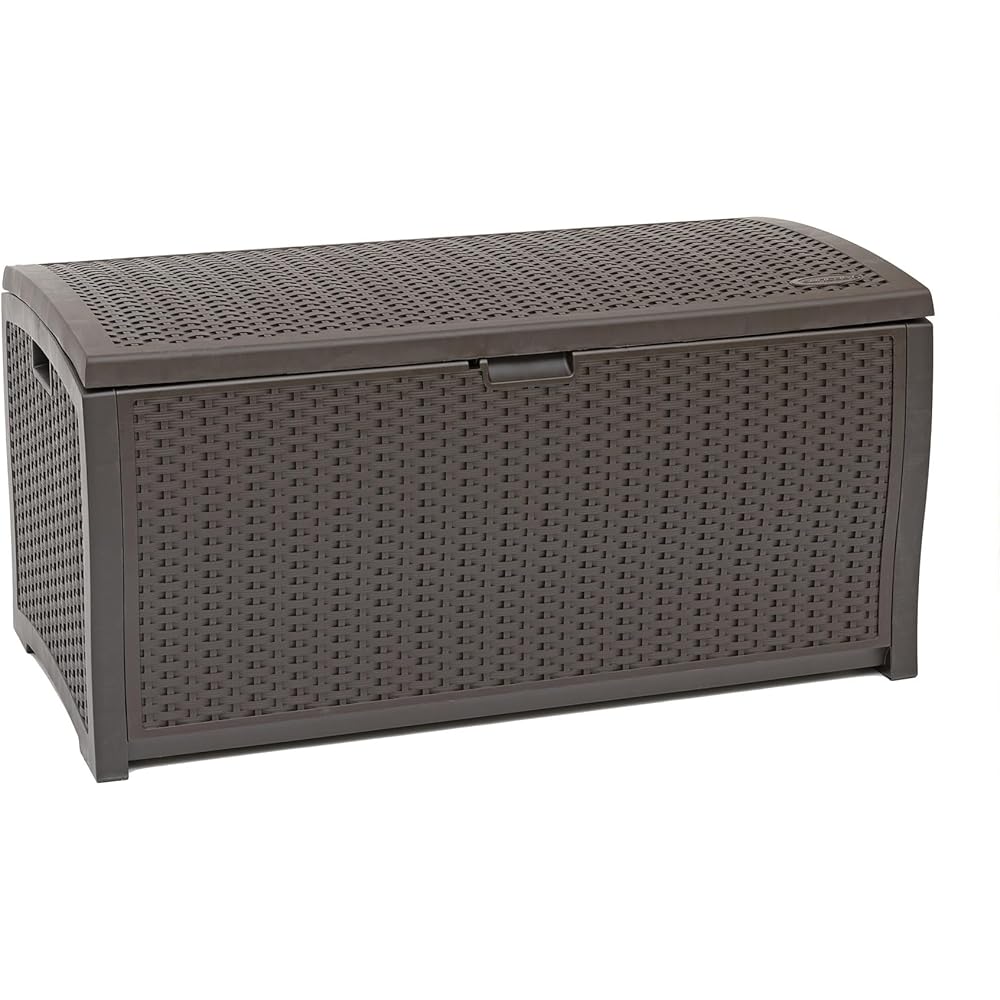 : Suncast DBW9200 99 Gallon Outdoor Wicker Plastic Patio Storage Chest Bin with Handles for Patio, Garden, Garage, or Pool for All Weather, Mocha : Garden Storage : Patio, Lawn & Garden
