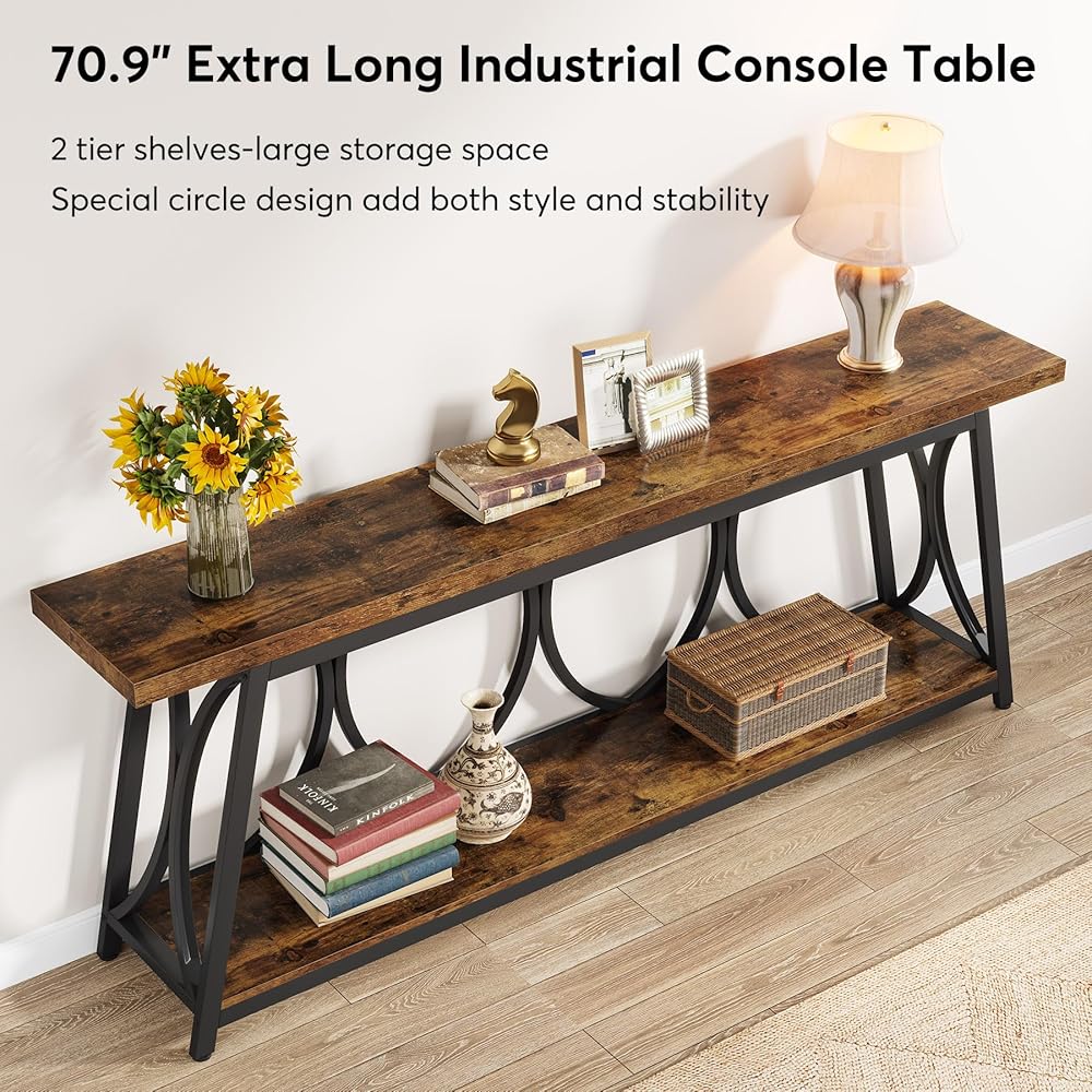 Tribesigns 70.9 inch Extra Long Console Table, Industrial Sofa Table Behind Couch with 2 Tier Storage Shelf, Narrow Entryway Hallway Accent Table for Living Room, Rustic Brown : Home & Kitchen