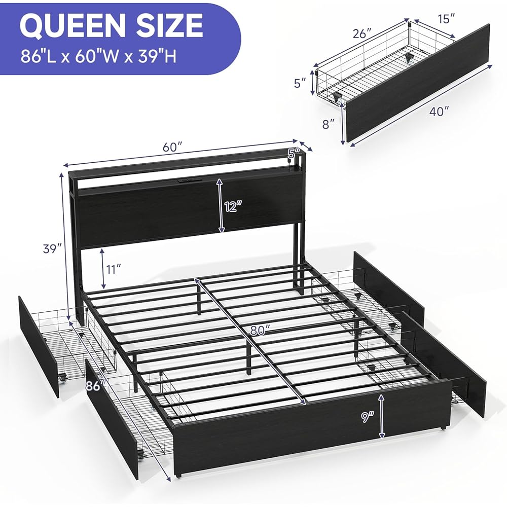 Zevemomo Queen Bed Frame with 4 Storage Drawers, Queen Size Bed Frame with Headboard, LED, Charging Station with USB Ports & AC Outlets, Sturdy Metal Slat Support, No Noise, Black : Home & Kitchen