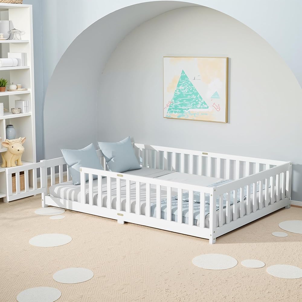 Lyngins Full Size Floor Bed, Toddler Floor Bed Frame with High Guardrails, Solid Wood Montessori Beds Full with Support Slats, Fence and Door for Kids, Boys or Girls - White : Home & Kitchen
