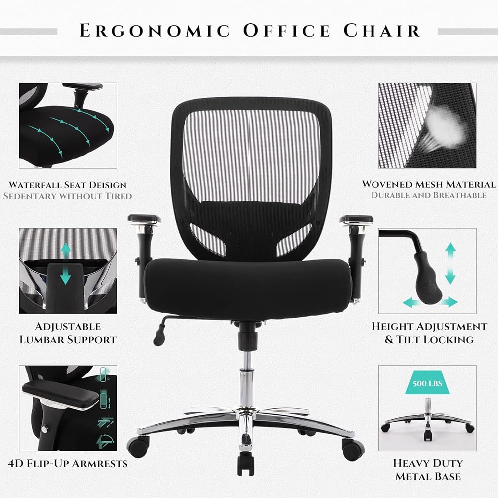COLAMY Big and Tall Office Chair 500lbs, Heavy Duty Ergonomic Mesh Chair, Computer Executive Desk Chair with Wide Thick Seat, 4D Armrests, Adjustable Lumbar Support and Tilt-Black : Office Products