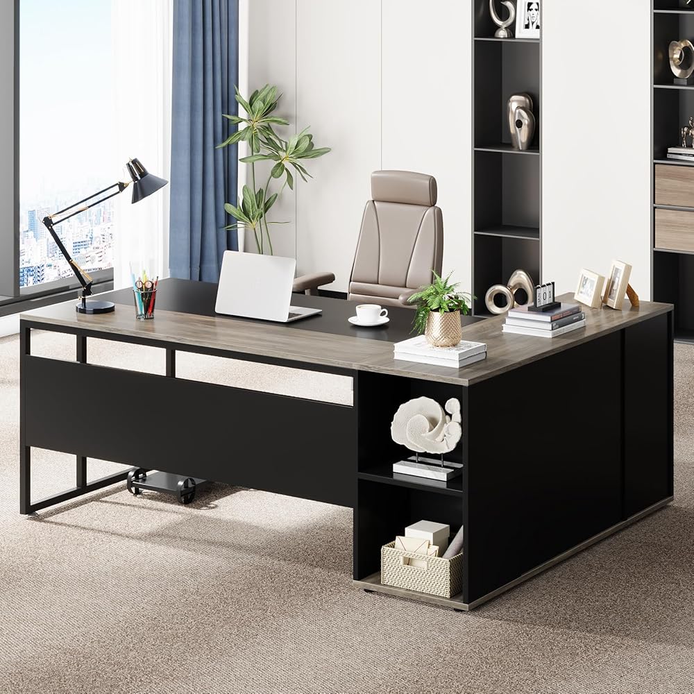 Tribesigns 71 inch Executive Desk, L Shaped Desk with Cabinet Storage, Executive Office Table with Shelves, Business Furniture Set Workstation for Home Office, Gray : Home & Kitchen