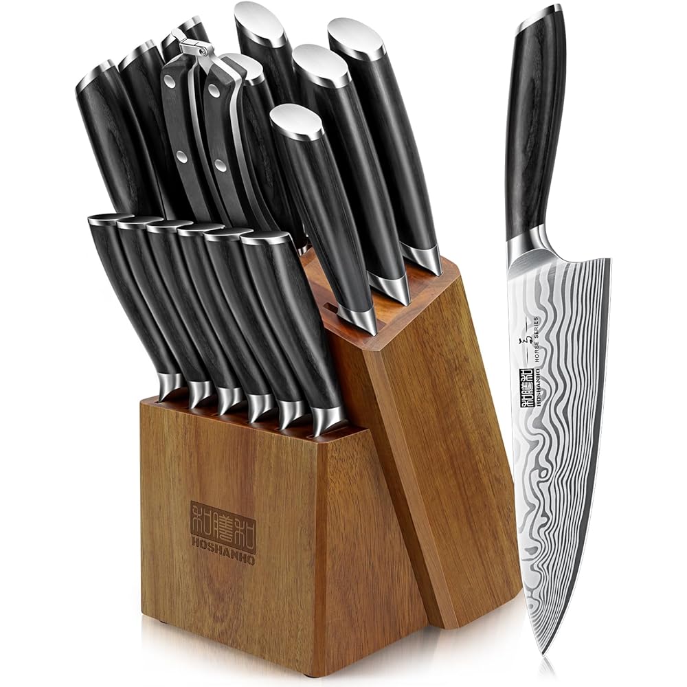 HOSHANHO 16-Piece Knife Set with Block, Ultra Sharp High Carbon Powder Steel Knife Block Set, Chef Knife Set Professional Kitchen Knives Set with Sharpener and Pakkawood Handle: Home & Kitchen