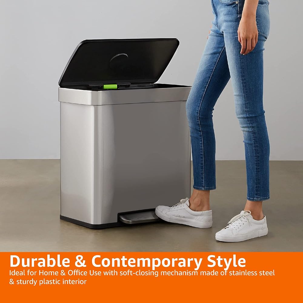 Amazon Basics Dual Compartment Recycling Trash Can with Soft-Close Lid and Removable Liner Buckets, 60 Liters, Rectangular, Grey, Silver : Home & Kitchen