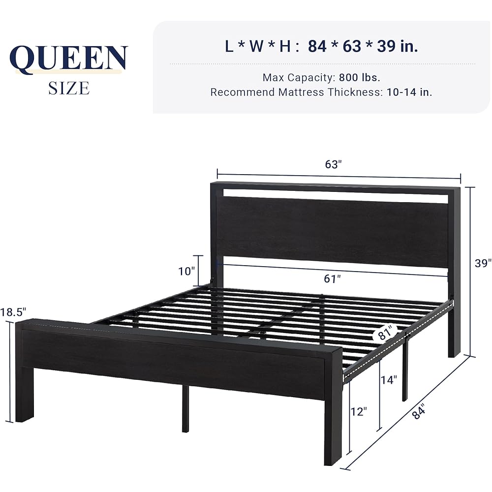 Allewie Queen Size Platform Bed Frame with Wooden Headboard and Footboard, Heavy Duty 12 Metal Slats Support, No Box Spring Needed, Under-Bed Storage, Noise Free, Easy Assembly, Black Oak : Home & Kitchen