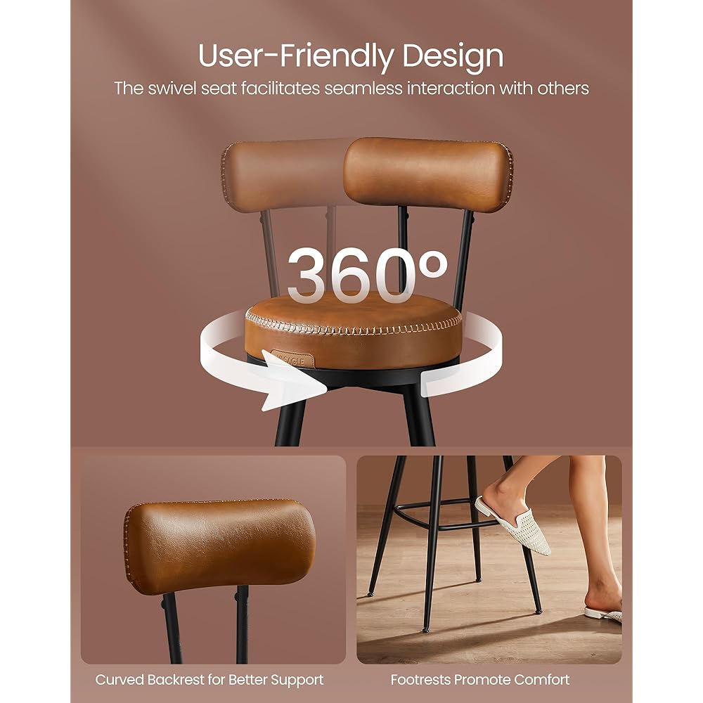 VASAGLE EKHO Collection - Bar Stools Set of 2, Swivel Bar Height Bar Stools with Back, Synthetic Leather with Stitching, Mid-Century Modern, 30-Inch Tall Barstools for Kitchen Home Bar, Caramel Brown : Home & Kitchen