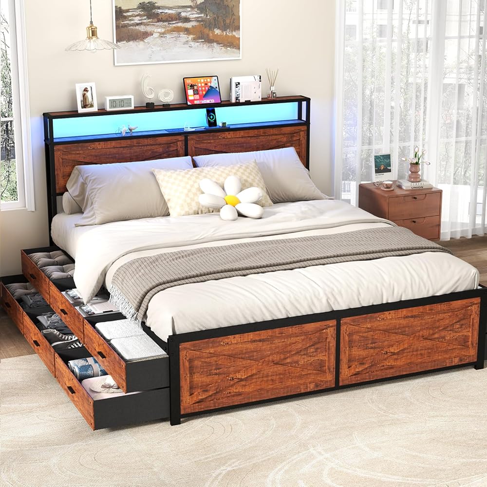 Kiivakii King Size Bed Frame with 12 Storage Drawers, LED Headboard with Charging Station, Metal Bed Frames, No Box Spring Needed, Noise Free, Stable and Solid, Red Brown : Home & Kitchen