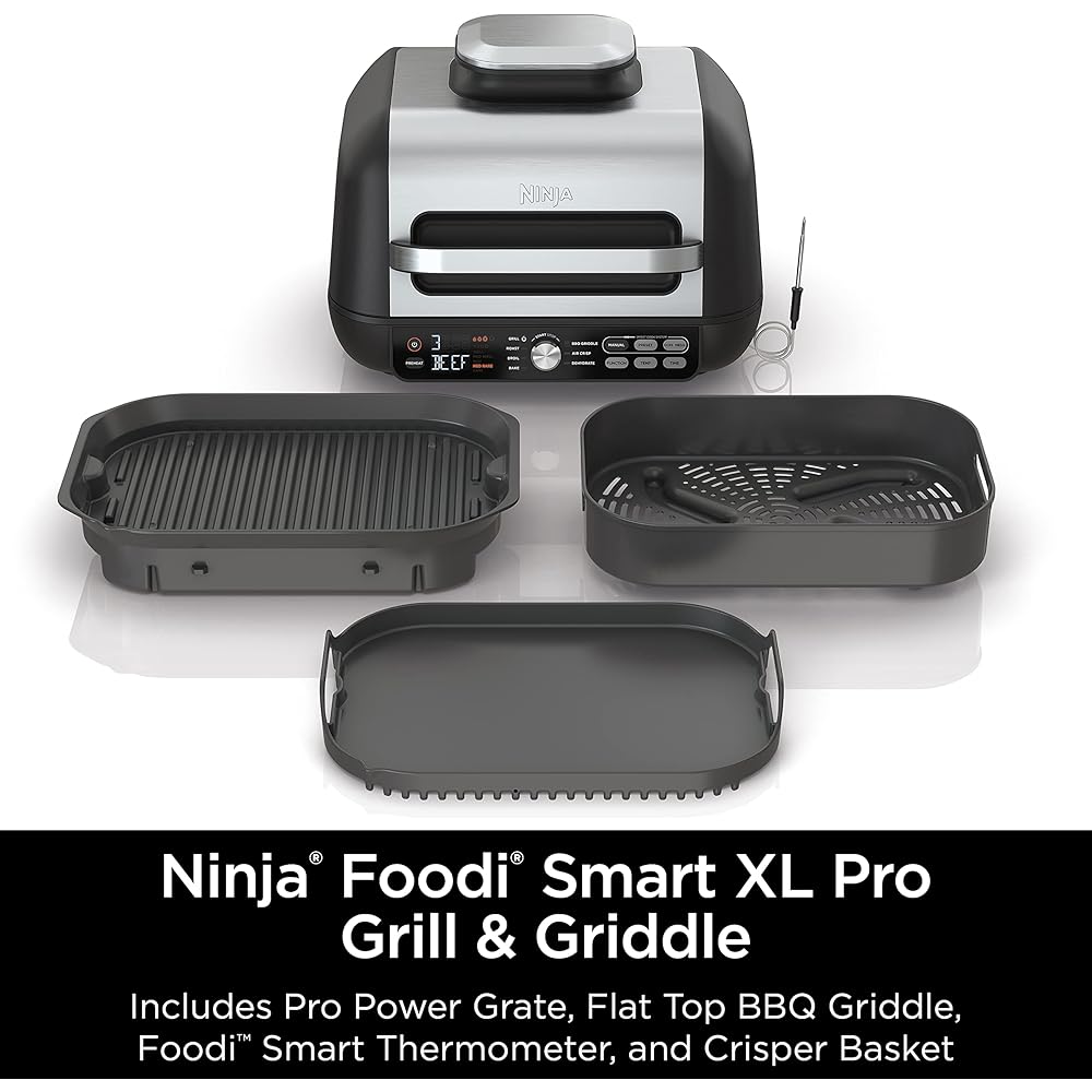 Ninja IG651 Foodi Smart XL Pro 7-in-1 Indoor Grill/Griddle Combo, use Opened or Closed, Air Fry, Dehydrate & More, Pro Power Grate, Flat Top, Crisper, Smart Thermometer, Black: Home & Kitchen