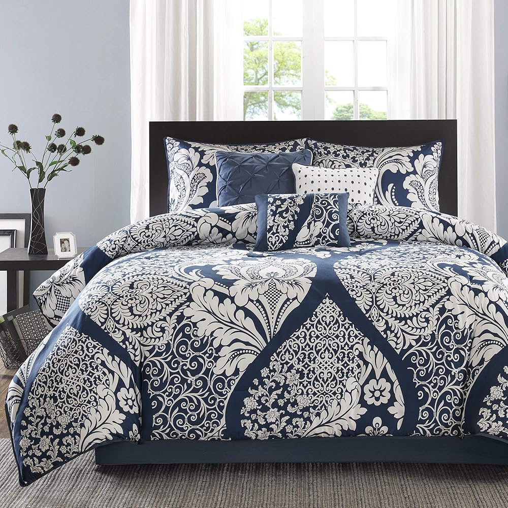 Madison Park Vienna Sateen Cotton Comforter Set, Breathable, Soft Cover, Trendy, All Season Down Alternative Cozy Bedding with Matching Shams, King, Indigo 7 Piece : Home & Kitchen