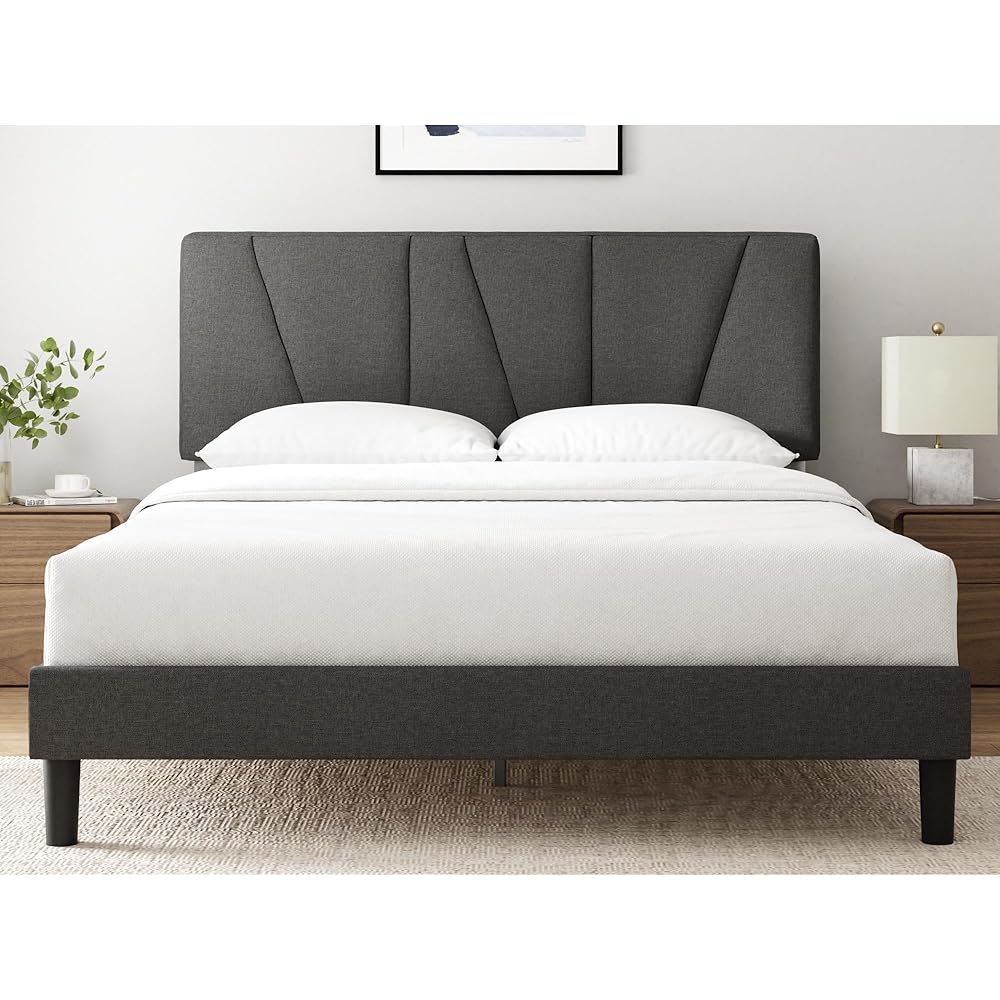 ZINUS Queen Maya Upholstered Bed Frame with Asymmetric Headboard, Durable Wooden Slats, Sturdy Framework, Noise Free Sleep, No Box Spring Needed, Easy Assembly, Eco Friendly Packaging, Dark Grey : Home & Kitchen