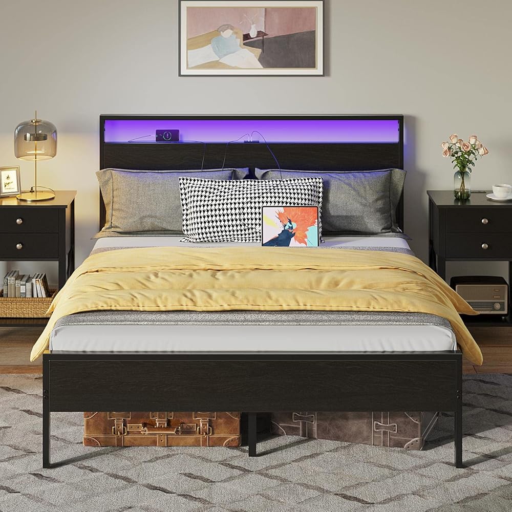 Rolanstar Full Bed Frame with Headboard, Bed Frame Full with LED Lights, Camas Full Size Bed with Charging Station, Solid Metal Slats, Noise Free, No Box Spring Needed, Black : Home & Kitchen