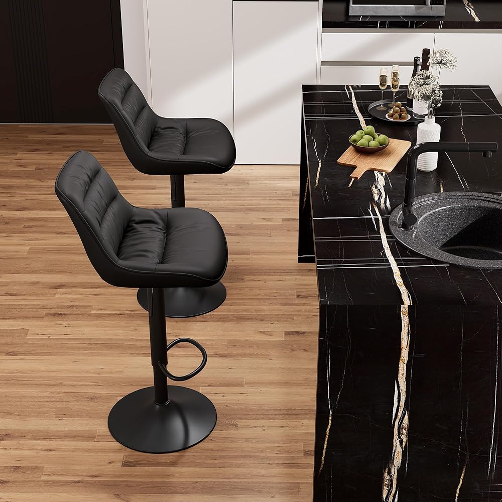 Kidol & Shellder Bar Stools Set of 2, Swivel Adjustable Counter Height Stools with Back, PU Leather Upholstered Modern Bar Chairs for Kitchen Island (Black) : Home & Kitchen