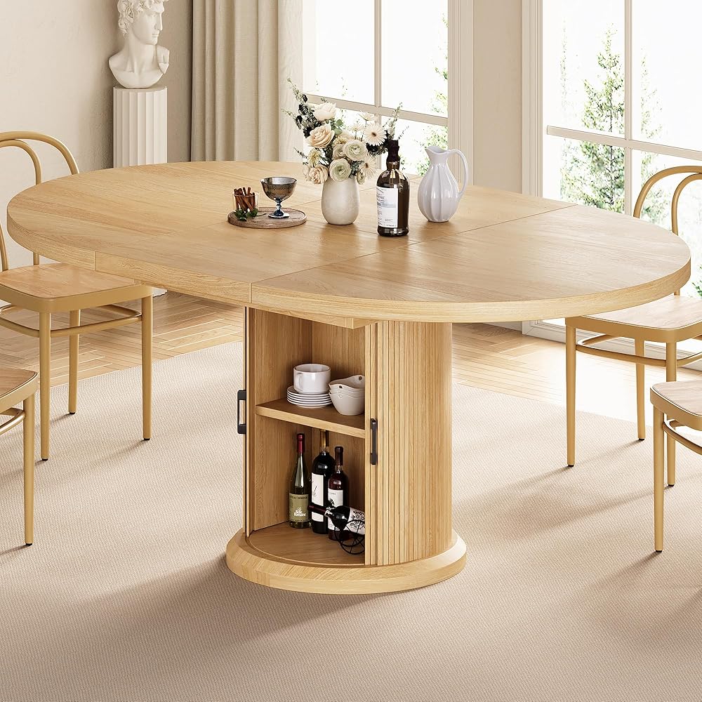- Dining Table for 4-6,63“Extendable Round Kitchen Dining Room Table with 2-Tier Storage Shelf, Space Saving Expandable Wood Oval Circle Dinner Furniture with Pedestal Base (Natural) - Tables