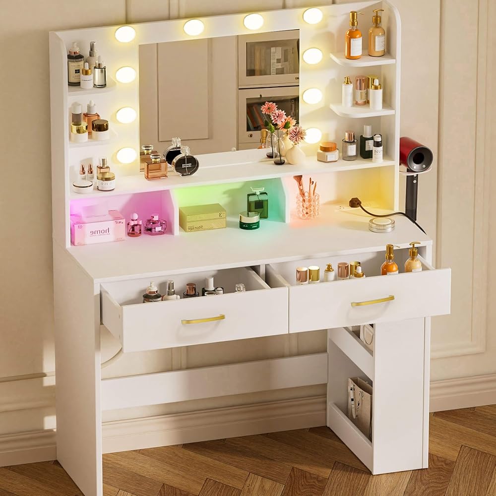 COMHOMA Vanity Desk with Lighted Mirror and Power Outlet, RGB LED Lights Makeup Vanity Set for Girls, Large Storage Capacity Dressing Table for Bedroom, 3 Lighting Modes Adjustable Brightness, White : Home & Kitchen