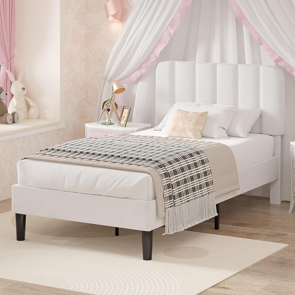 VECELO Twin Size Bed Frame with Upholstered Headboard, Velvet Platform Bedframe Mattress Foundation, Strong Wood Slat Support, No Box Spring Needed,White