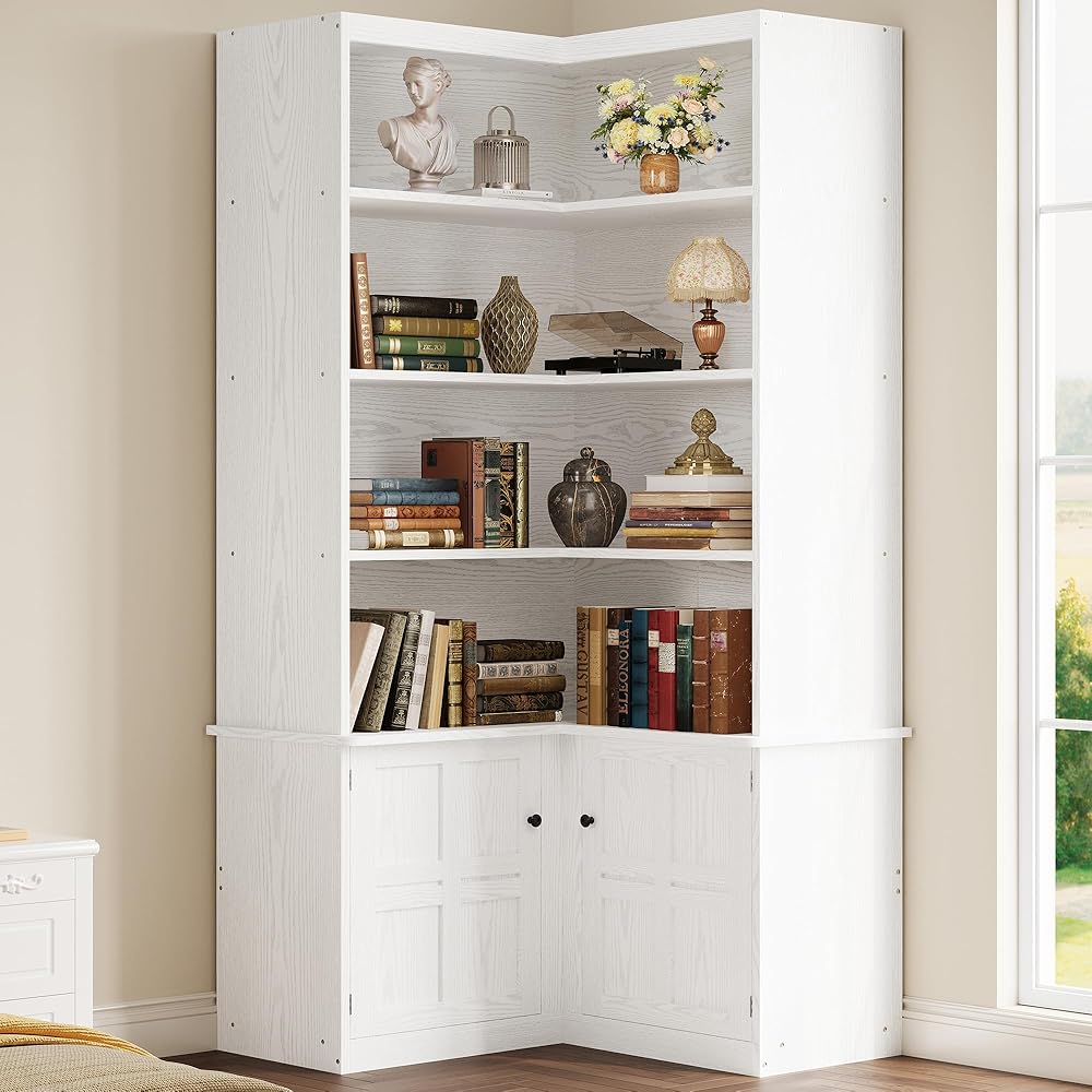 IRONCK Corner Bookshelf with Doors, 6 Tier Bookcase with Storage, Corner Shelf with Cabinet, Large Tall Bookshelf for Living Room, Home Office, Bedroom,White : Home & Kitchen