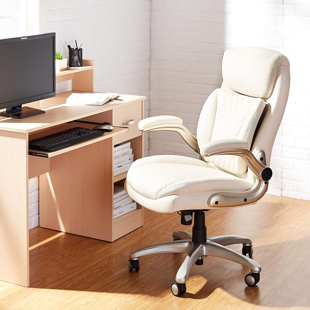 Amazon Basics Ergonomic Executive Office Desk Chair with Lumbar Support, Flip-up Armrests, Adjustable Height, Cream Leather : Office Products